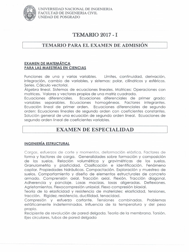 Temario para Examen de Admision Uni PDF | PDF
