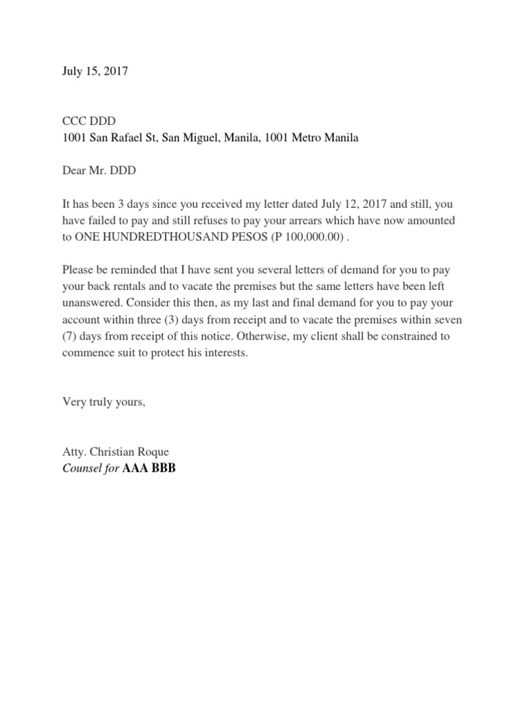 Final Demand Letter to Tenant to Pay Outstanding Rent and Vacate