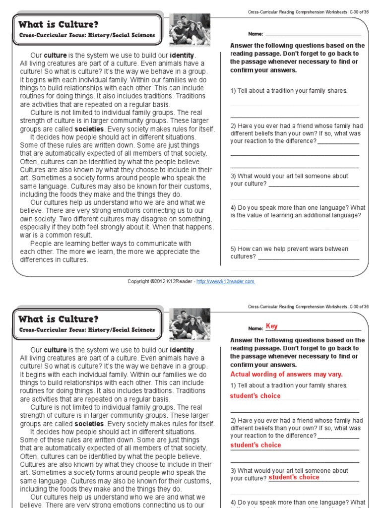 Worksheets Cross-curricular Reading Comprehension Worksheets worksheets cross curricular reading comprehension gr3 wk30 what is culture pdf community process