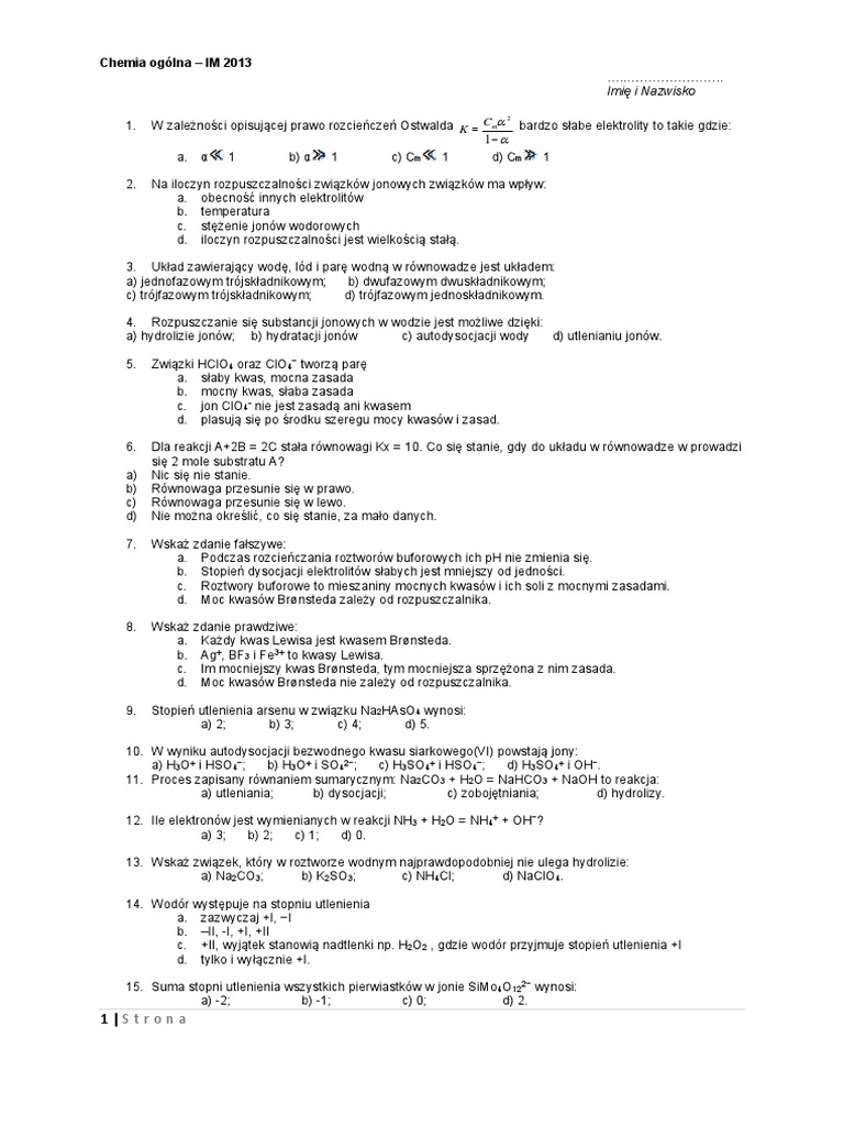 Reakcje Chemiczne W Roztworach Wodnych Sprawdzian Grupa B