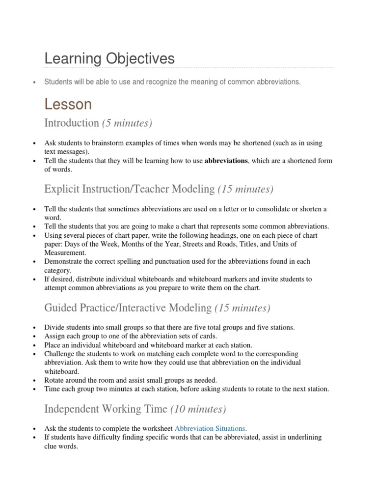 Abbreviations Lesson Plan PDF Educational Psychology Applied Psychology