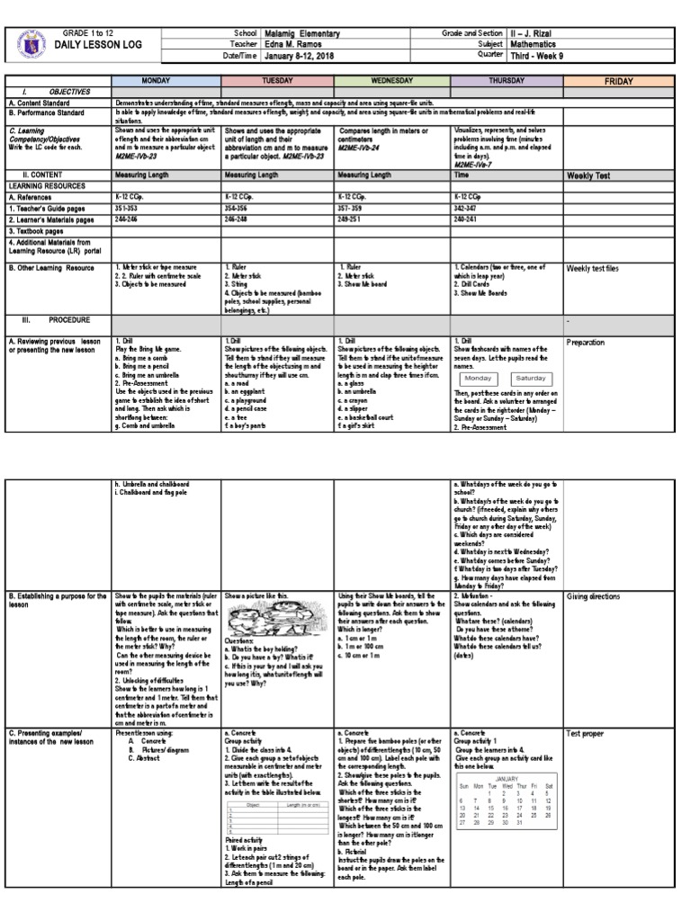 Grade 2 Math Lesson Plan: Length & Time | PDF | Differentiated ...