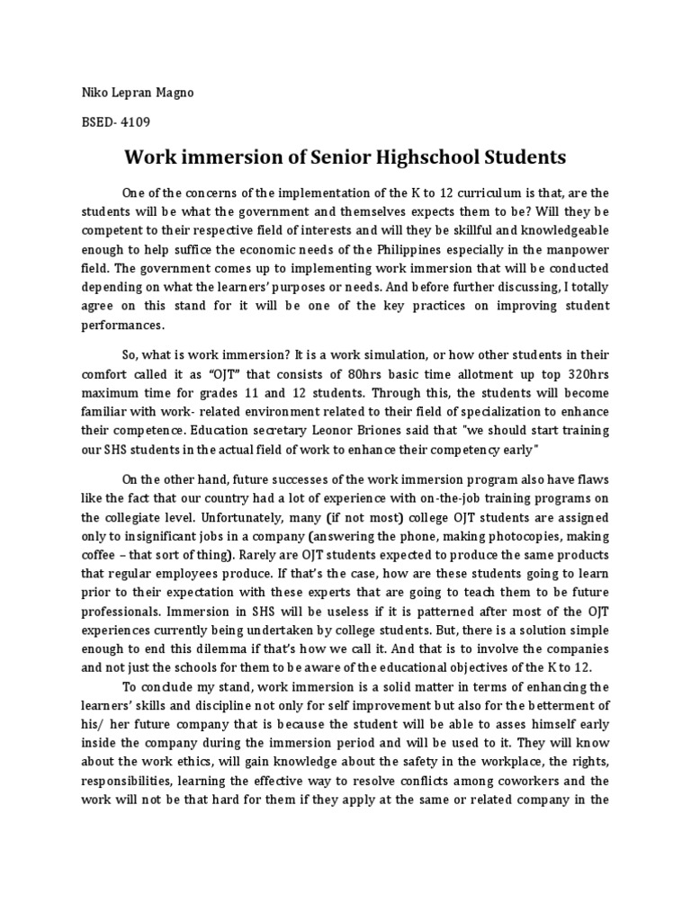 preparation for work immersion essay