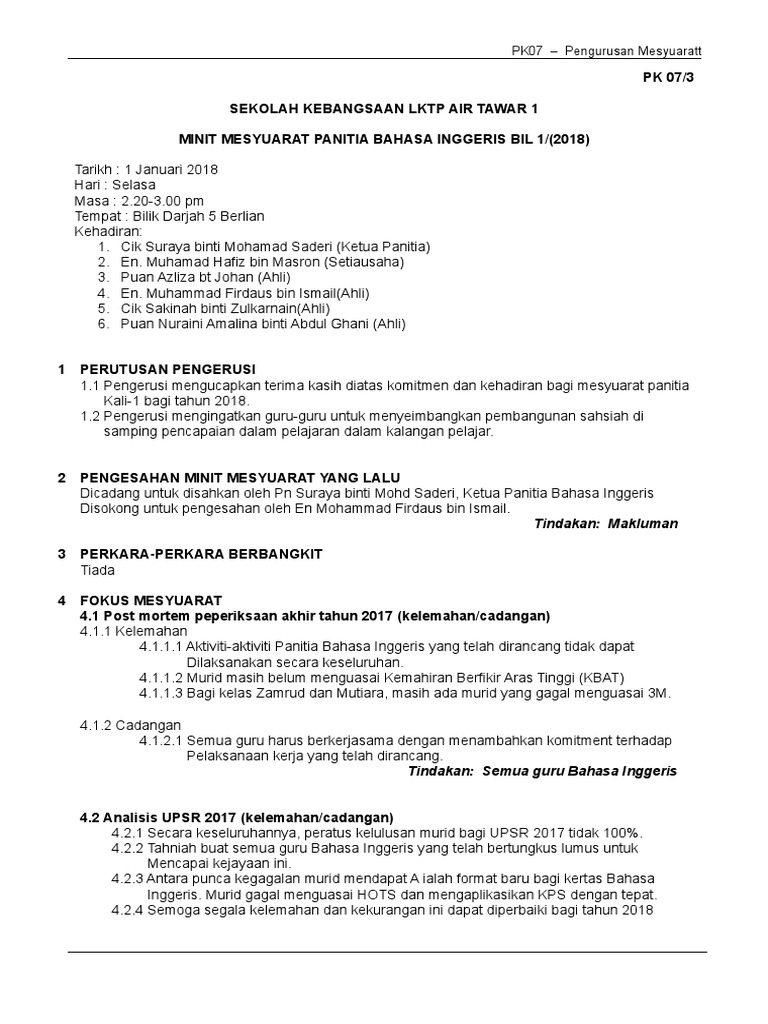 Minit Mesyuarat Bahasa Inggeris Kali Pertama