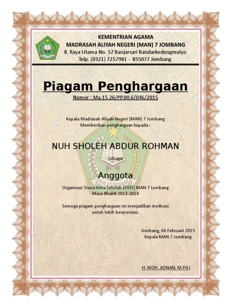 Piagam Penghargaan OSIS MAN 7 Jombang | PDF | Pengembangan Diri
