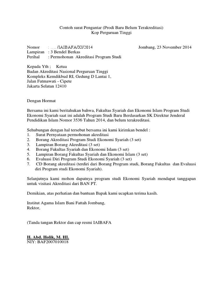 Contoh Surat Pengantar Prodi Baru Belum Terakreditasi