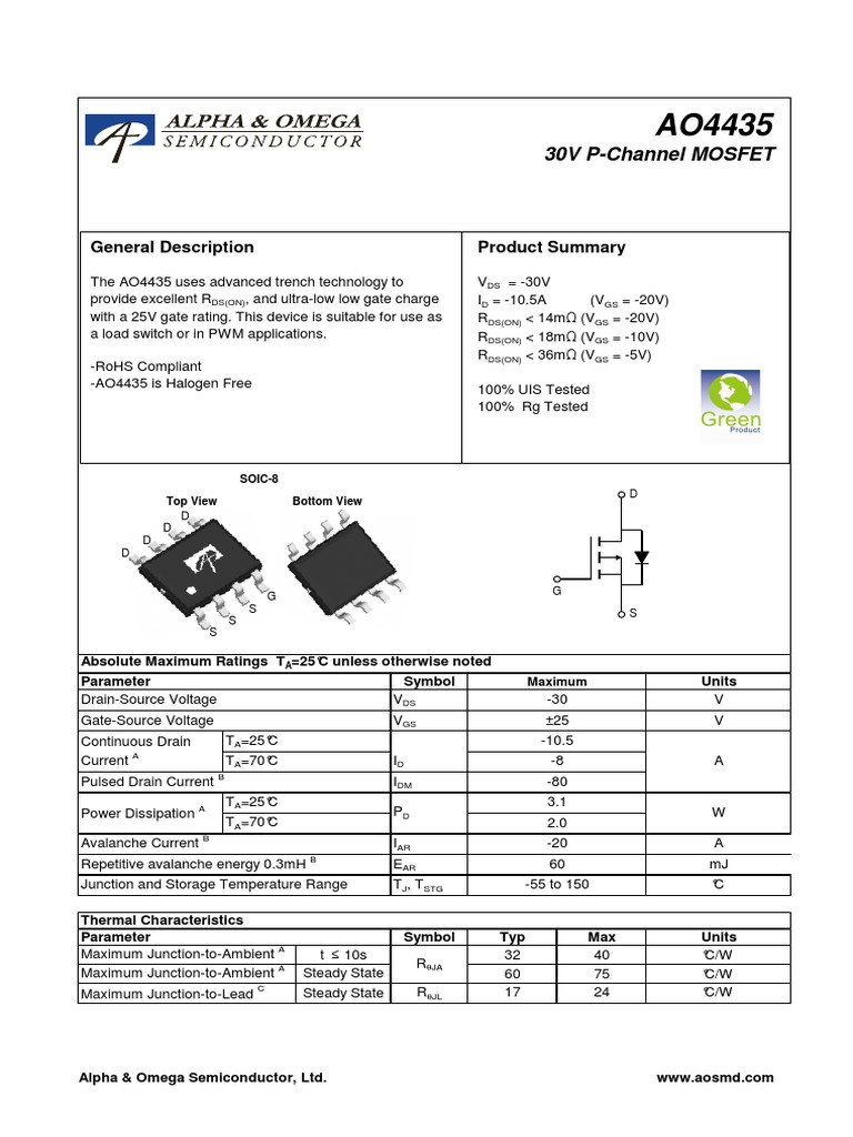 Ao4435 Power Mosfet - Important | PDF | Mosfet | Field Effect Transistor