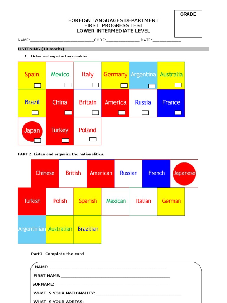 Foreign Languages Department First Progress Test Lower Intermediate ...