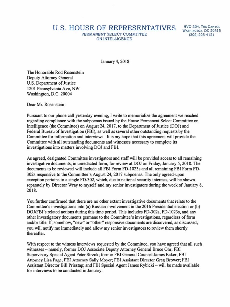 Rep. Devin Nunes Letter to Deputy Attorney General Rod Rosenstein ...
