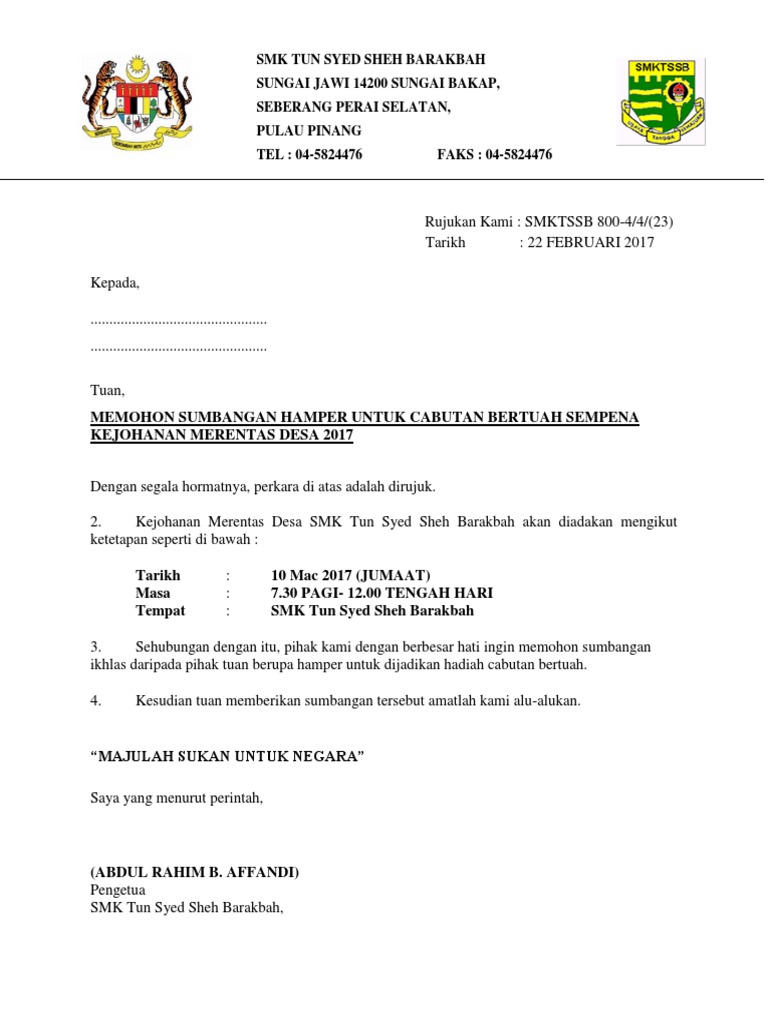 Format Surat Mohon Sumbangan Kewangan Kepada Yb