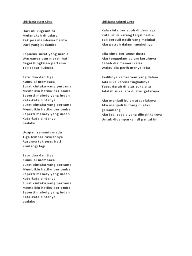 Lirik Lagu Surat Cinta Dan Misteri Cinta