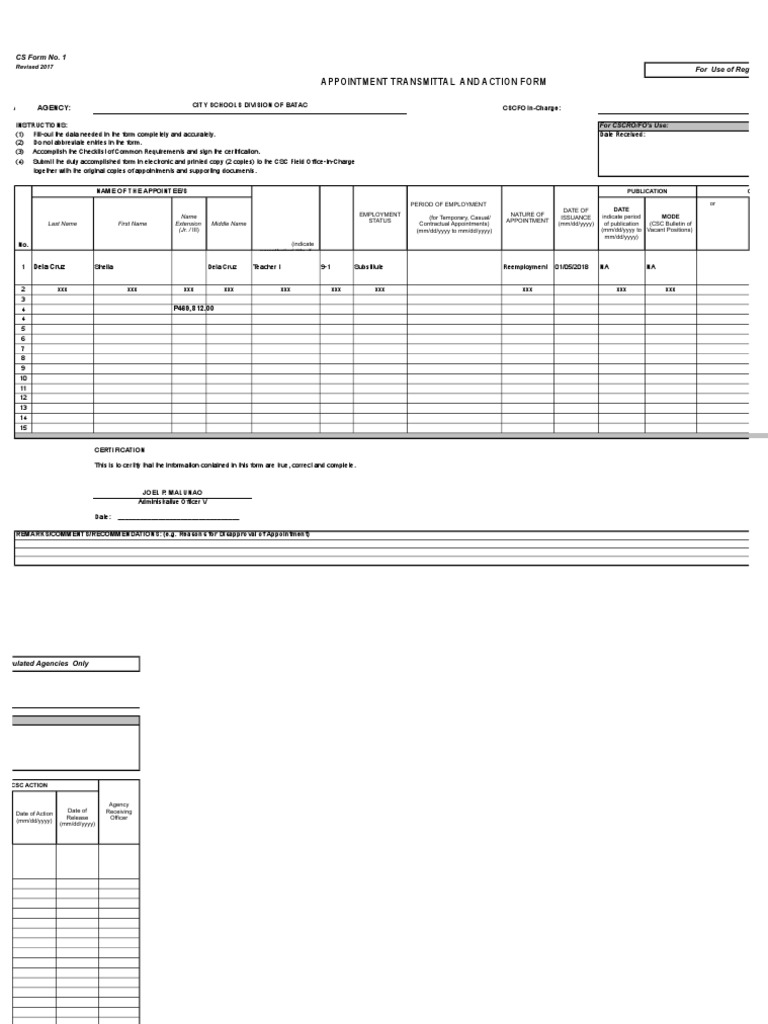 CS Form No. 1 Appointment Transmittal and Action Form Government