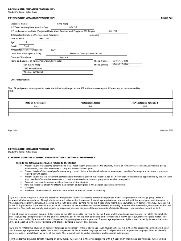 IEP for Kylie Kraig: Academic Goals | PDF | Individualized Education ...