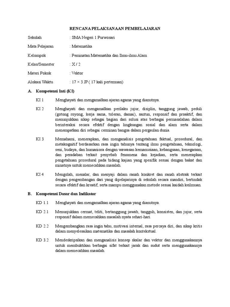 1 Rpp Mat Peminatan X Genap 16 17 Vektor Pdf