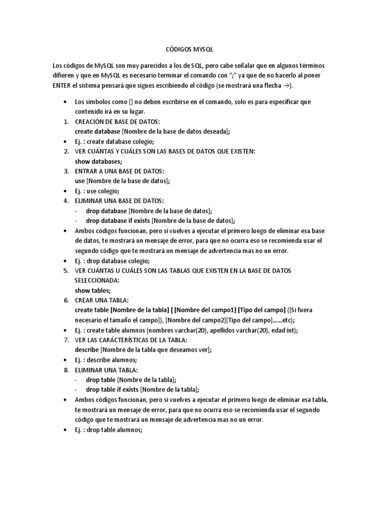 Códigos Esenciales de MySQL | PDF | Tabla (base de datos) | Mi sql