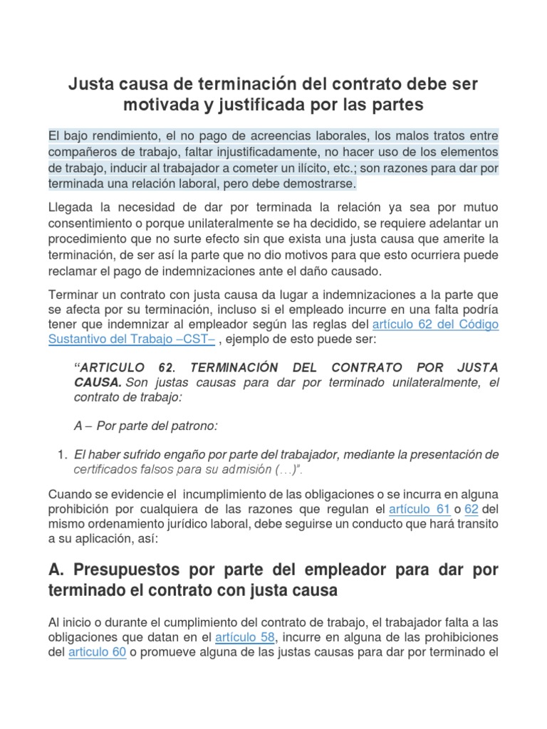 Justa Causa de Terminación Del Contrato Debe Ser Motivada