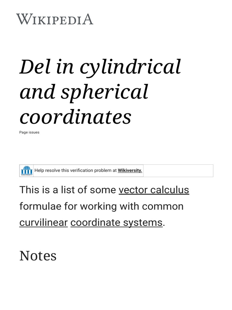 Del in Cylindrical and Spherical Coordinates Wikipedia PDF