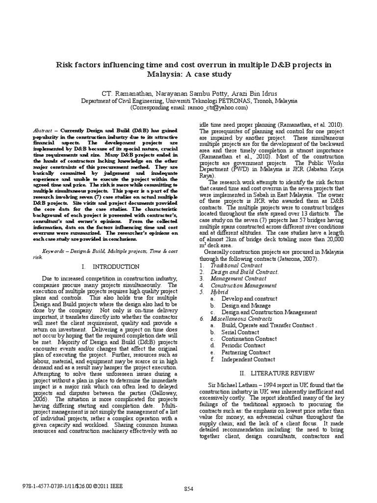 Ramanathan, (2011) Risk Factors Influencing Time and Cost Overrun in