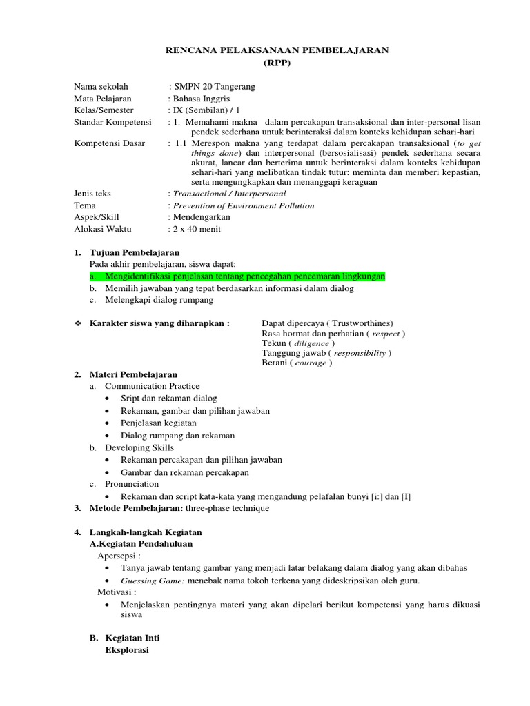 Rpp Adiwiyata Big Kelas Ix