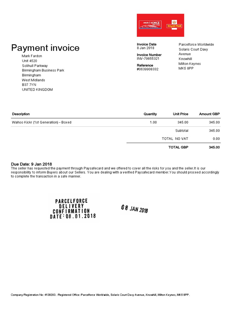 Parcelforce Invoice for Wahoo Kickr | PDF