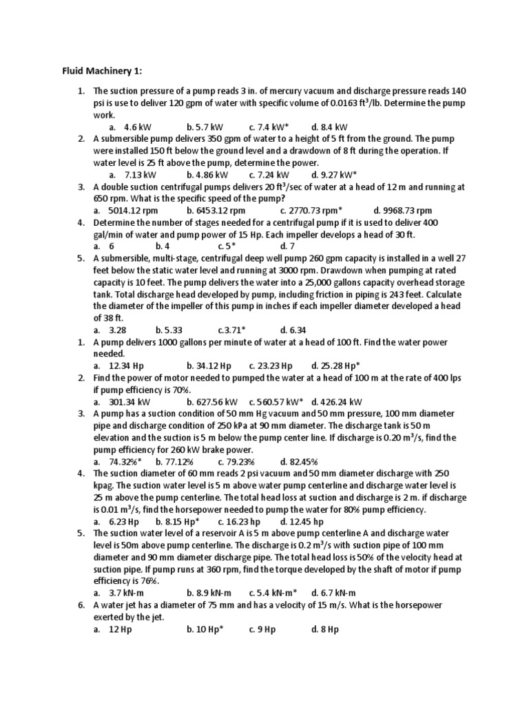 Fluid Machinery 1 Handouts | PDF | Pump | Horsepower