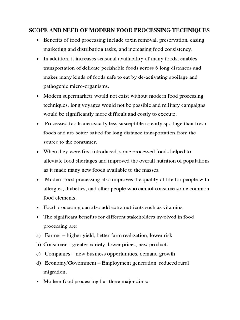 Scope and Need of Modern Food Processing Techniques PDF Food