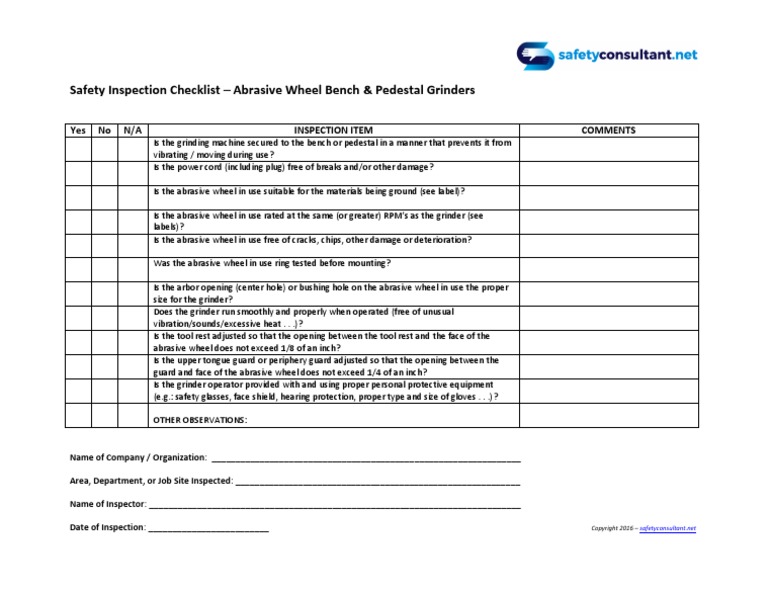 Safety Inspection Checklist Abrasive Wheel Grinders Bench And Pedestal