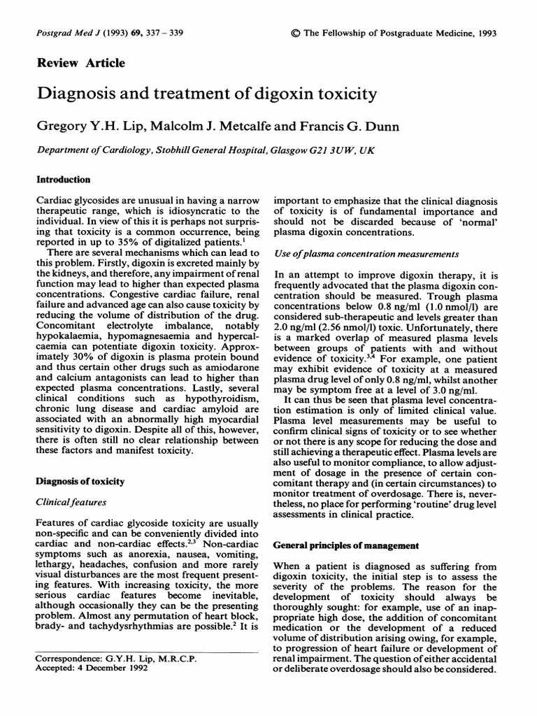 Diagnosis and Treatment of Digoxin Toxicity PDF PDF Dose (Biochemistry) Chemistry