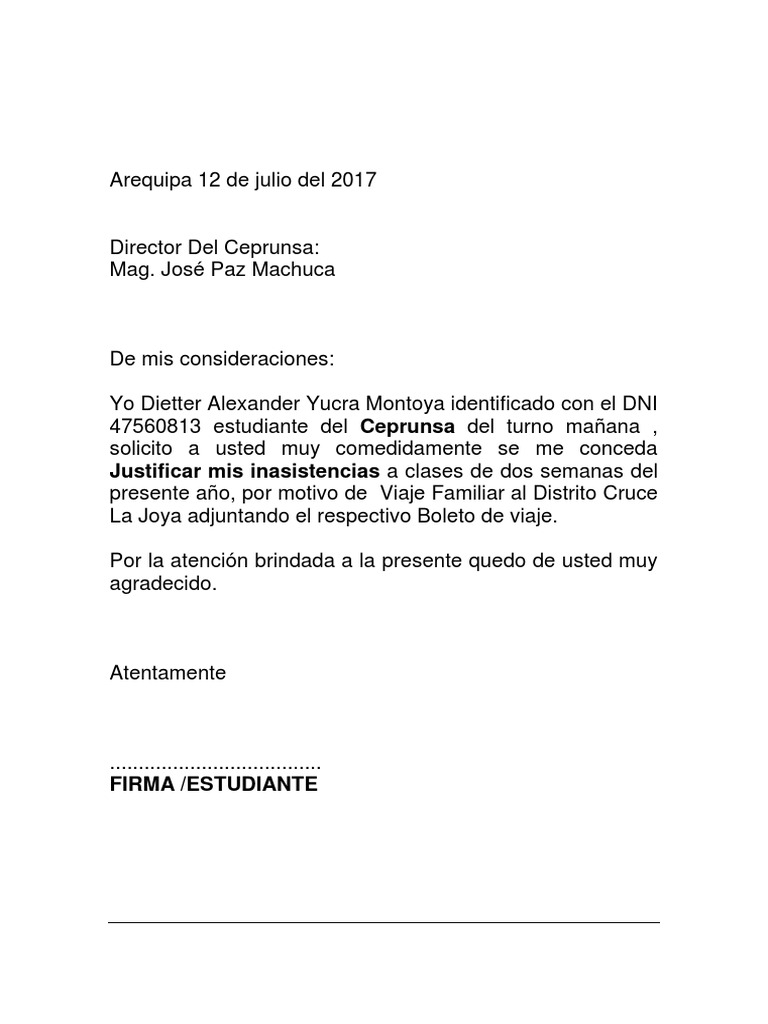 Formato Solicitud Para Justificar Inasistencias a Clases