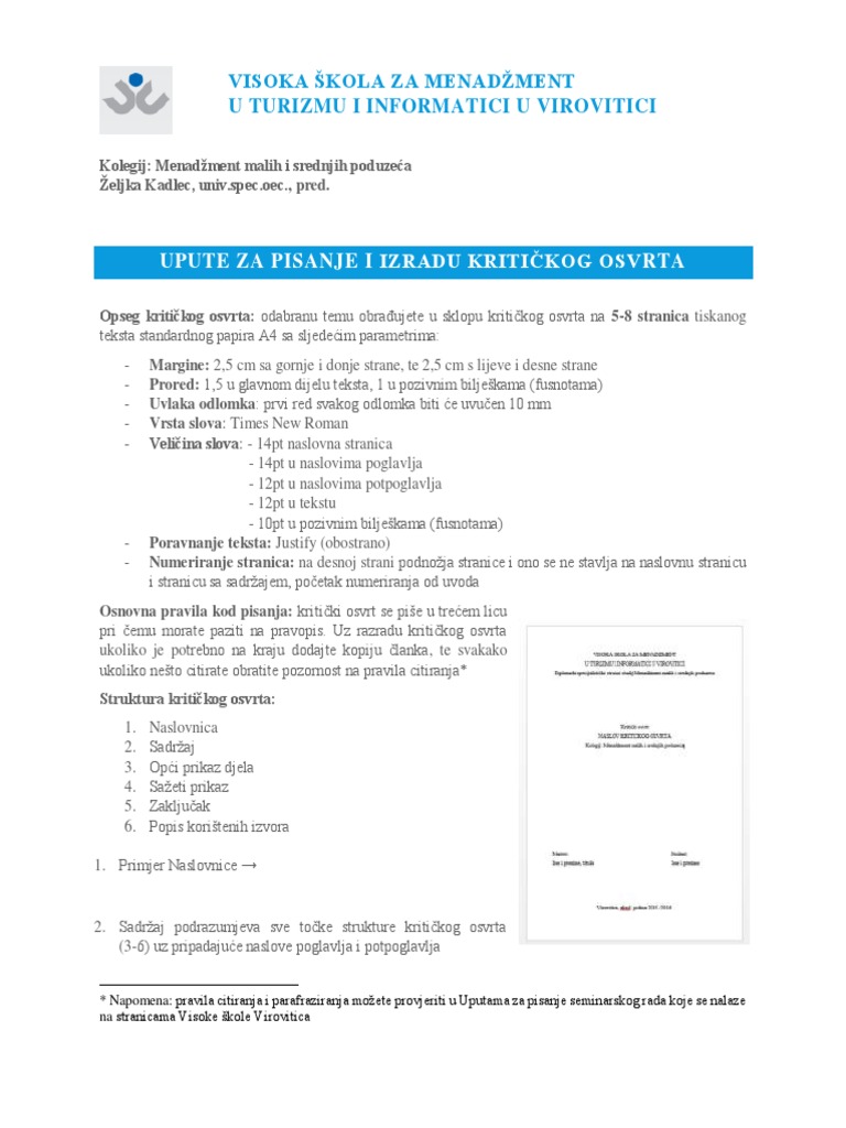 Upute Za Pisanje I Izradu Kritickog Osvrta 2016 | PDF