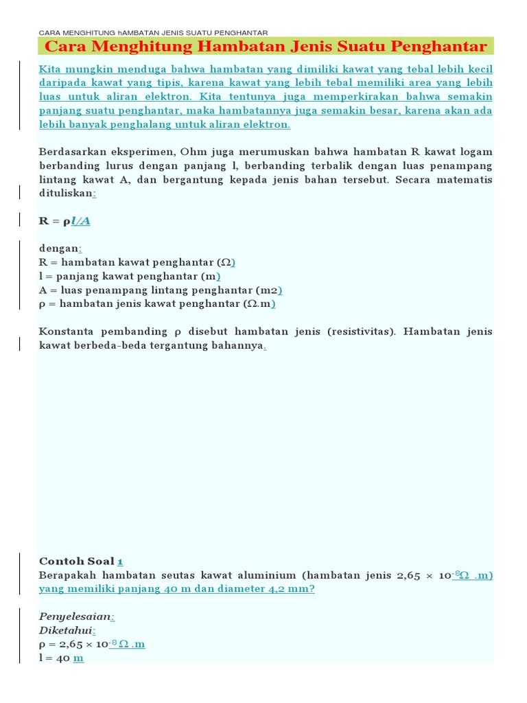 Cara Menghitung Hambatan Jenis Suatu Penghantar