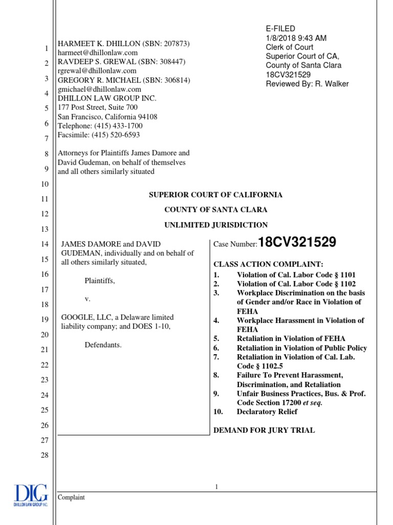 James Damore vs. Google Class Action Lawsuit Download Free PDF