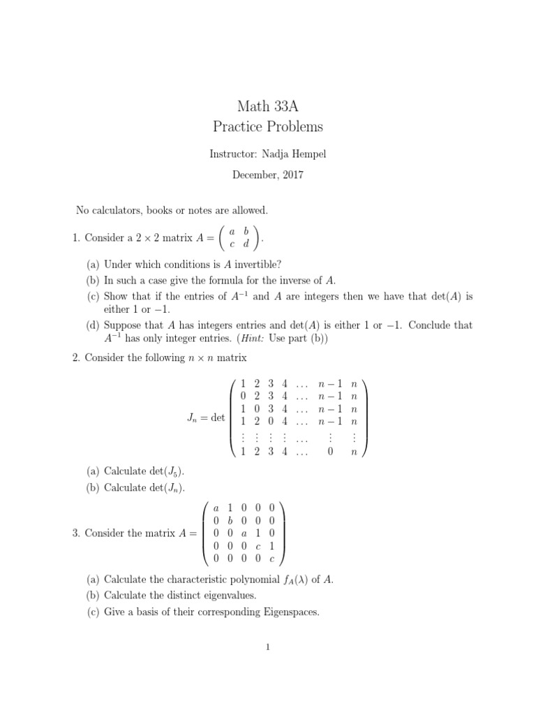Pratice Final 33a Pdf Eigenvalues And Eigenvectors Matrix Mathematics