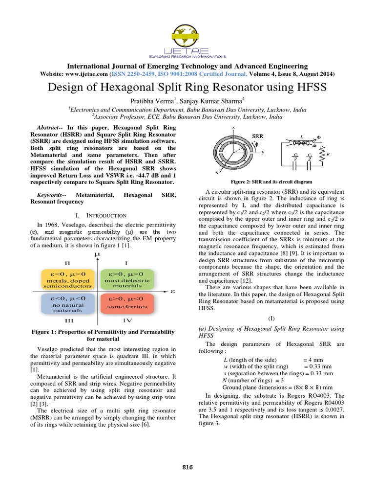 Design of Hexagonal Split Ring Resonator Using HFSS Metamaterial
