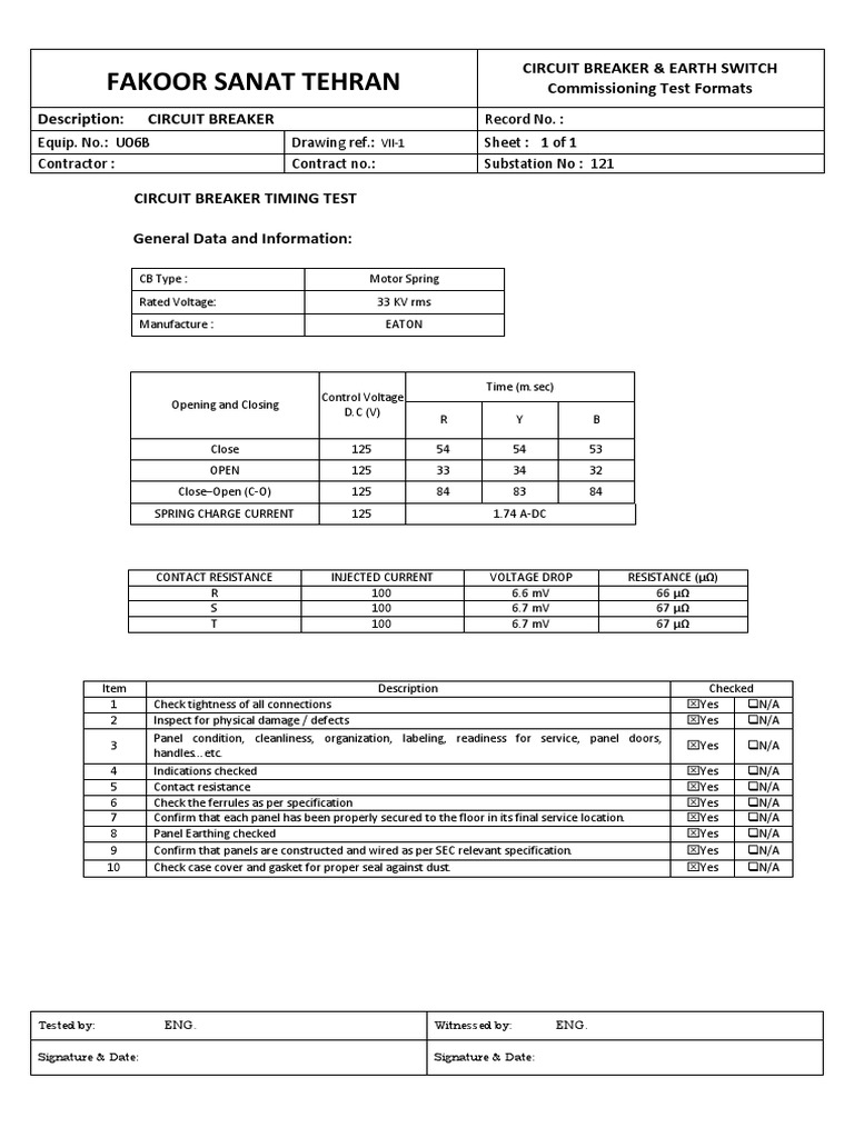 Fakoor Sanat Tehran Circuit Breaker & Earth Switch Commissioning Test