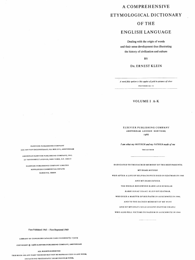 A Comprehensive Etymological Dictionary Of The English Language By Ernest Klein Arabic Hebrew Language