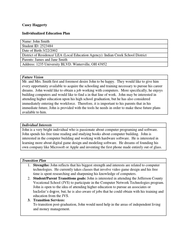 Individualized Education Plan Pdf Reading Comprehension