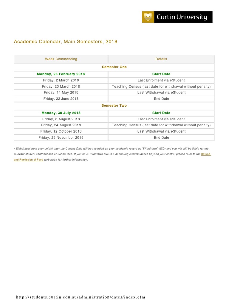 Curtin Academic Calendar 2018 PDF Academic Term Academia