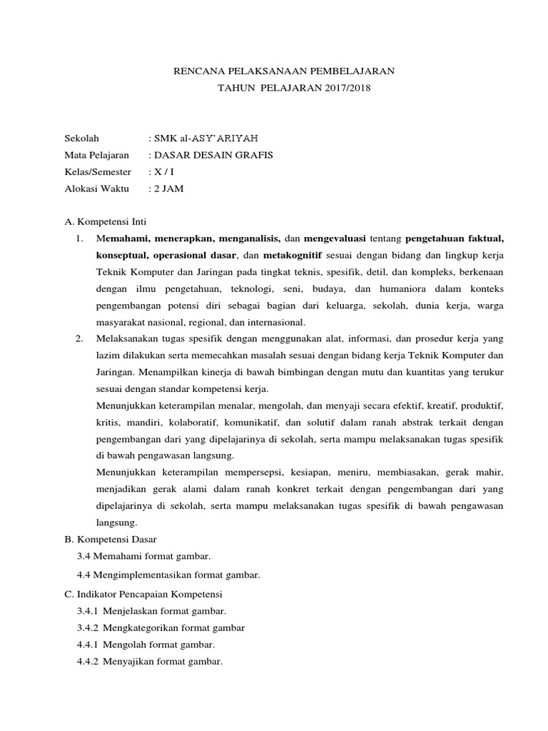 RPP Desain Grafis-Format Gambar X TKJ 2 | PDF