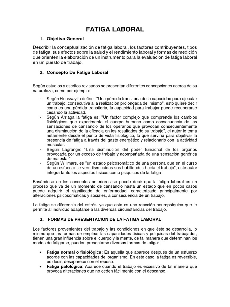 Conceptos y Efectos de la Fatiga Laboral | PDF | Estrés (biología ...