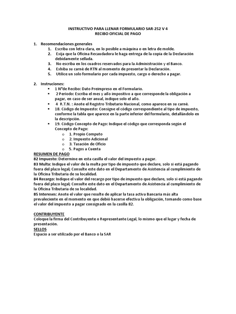 Instructivo Para Llenar Formulario 252 Sar Contribuyente Impuestos