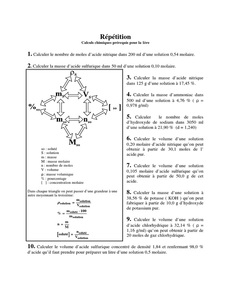 Calculs de masse et moles en chimie | PDF | Concentration molaire ...