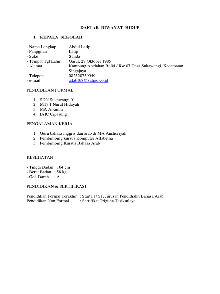 Contoh Curriculum Vitae Kepala Sekolah Terlengkap Desain