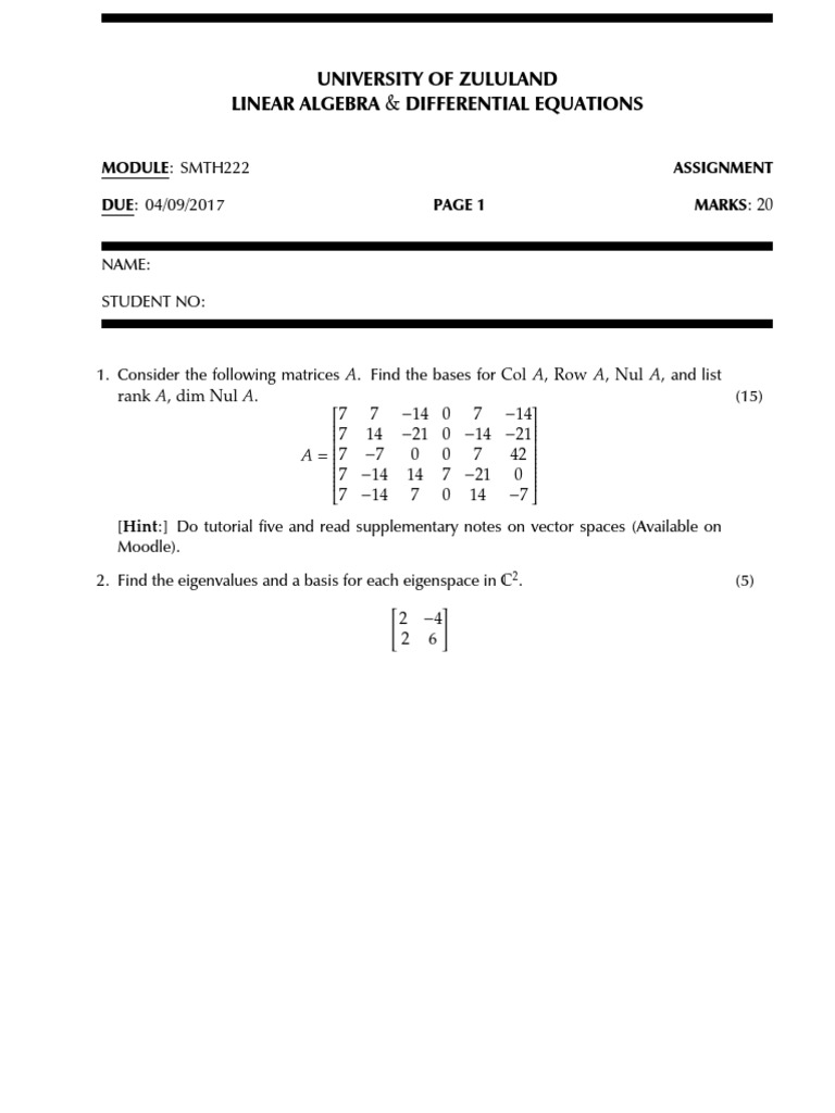 Linear Algebra Assignment SMTH222 | PDF