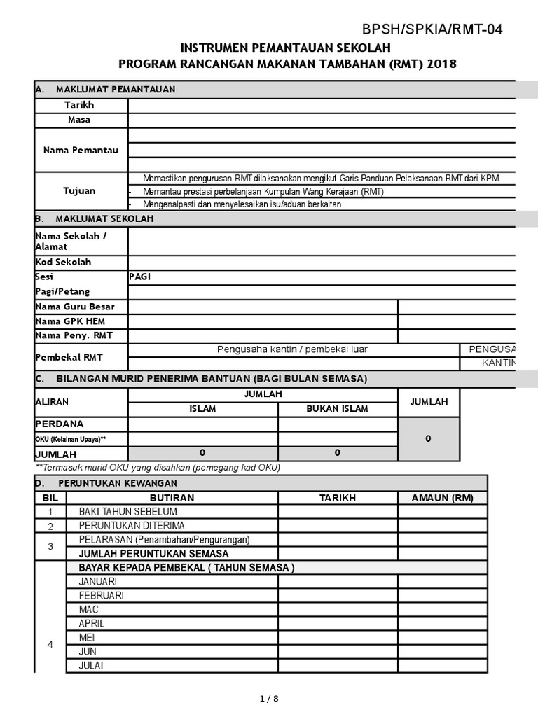 Borang Pemantauan RMT 2017 | PDF
