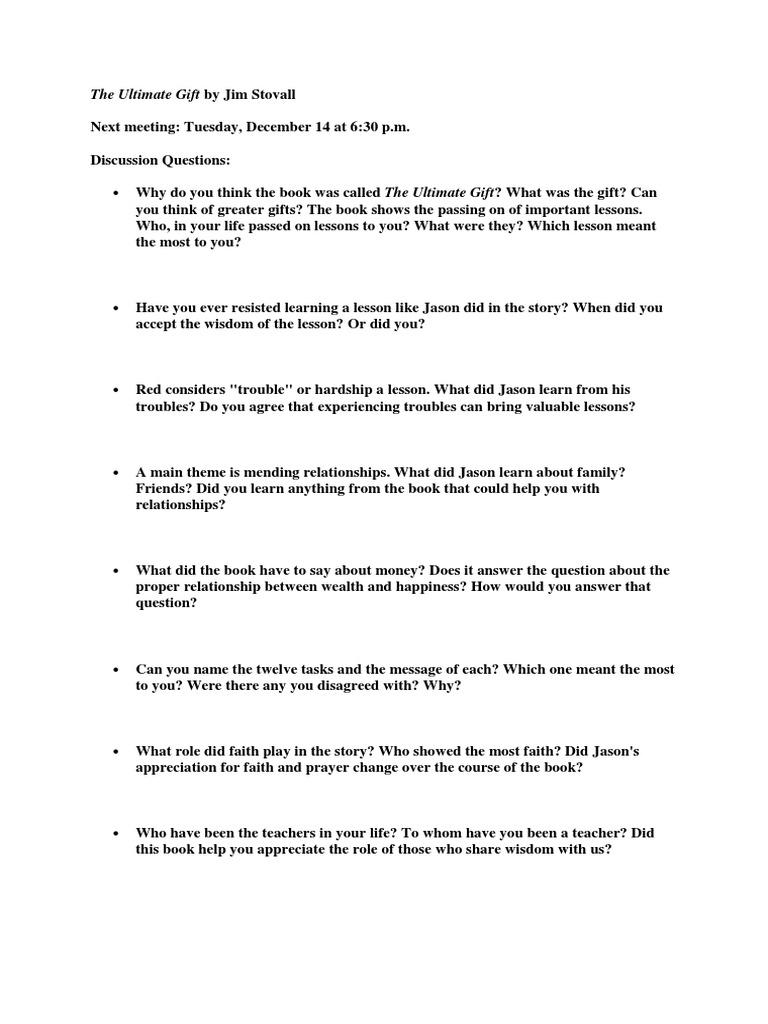 Discussion Questions for The Ultimate Gift | PDF | Wellness