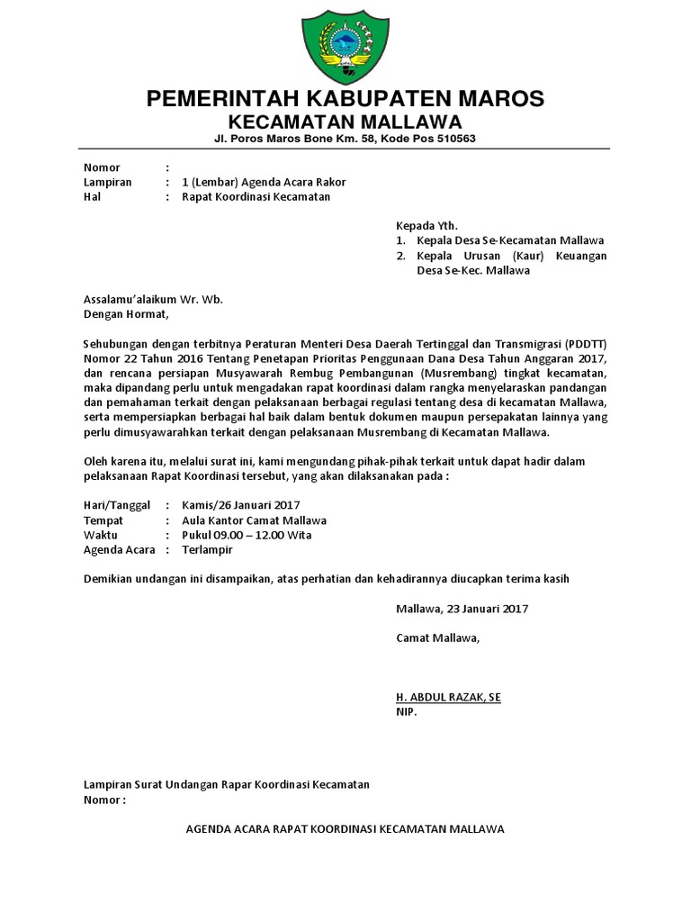Contoh Surat Undangan Rapat Koordinasi Kecamatan - Undangan Rapat Koordinasi Dari Camat Kasimbar Desa Sendana / Panitia pemilihan ketua rukun tetangga (rt) 02 rw 11.