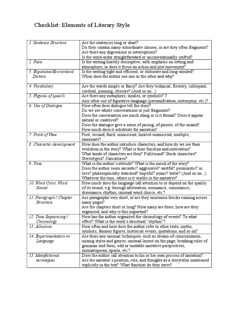 Literary Style Elements Checklist | PDF | Narration | Narrative