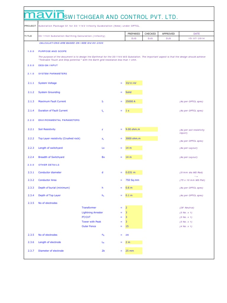 Switchgear And Control Pvt. Ltd. Calculations Are Based On Ieee Std 80