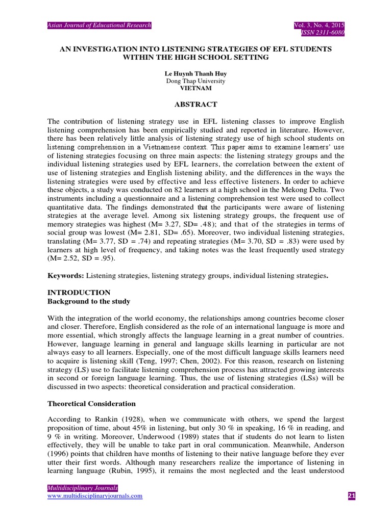 An Investigation Into Listening Strategies of Efl Students Within The ...